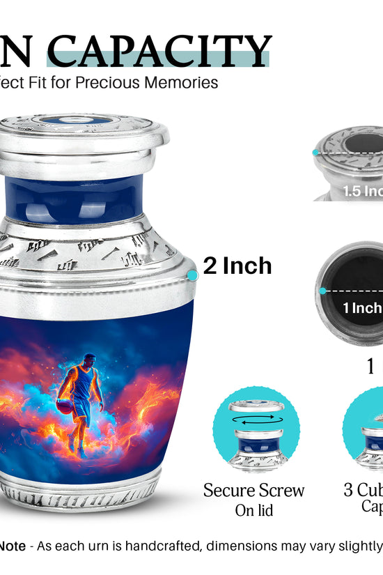 Calming Blue Basketball Cremation Urn top-down view of secure threaded lid - stylized abstract basketball pattern with bold lines - mini keepsake memorial for portion of cremation ashes