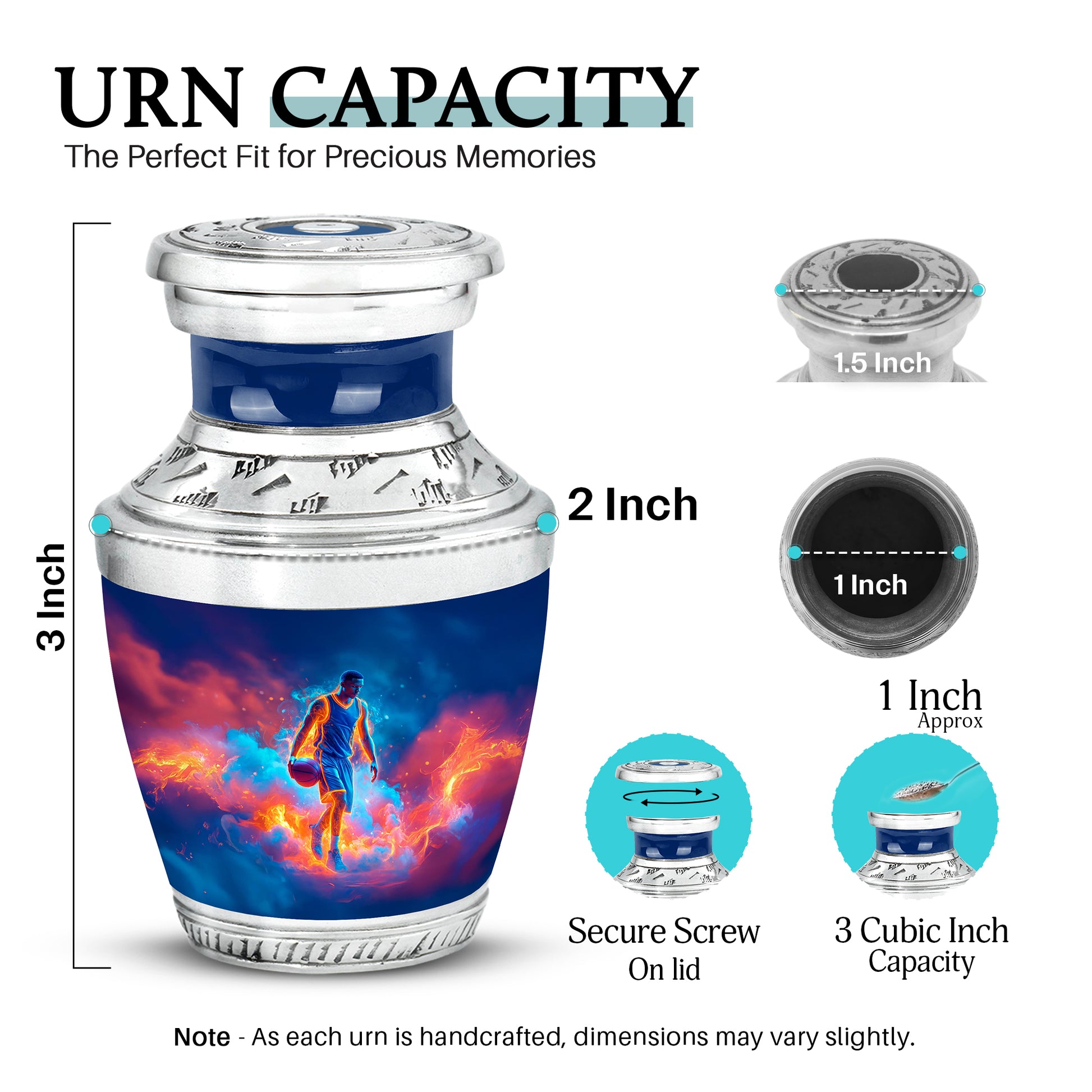 Calming Blue Basketball Cremation Urn top-down view of secure threaded lid - stylized abstract basketball pattern with bold lines - mini keepsake memorial for portion of cremation ashes