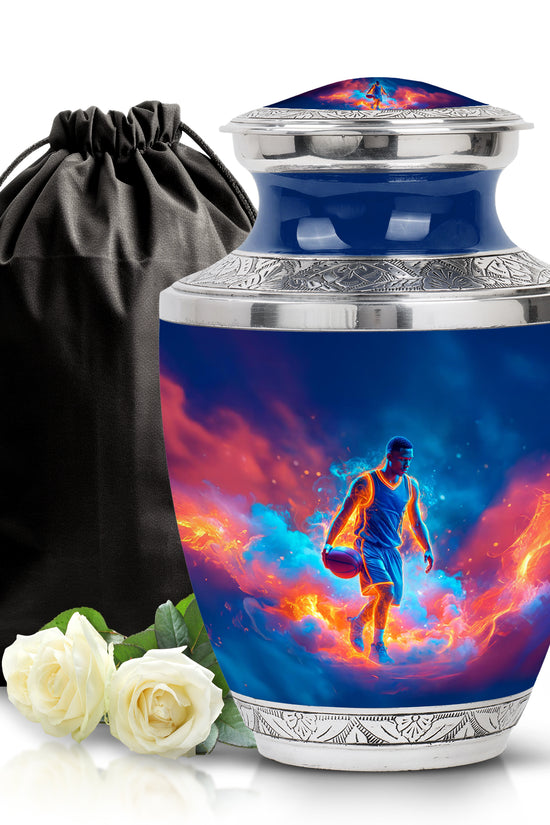 Navy Blue Basketball Cremation Urn side profile showing urn shape - contemporary basketball design with modern artistic flair - full-size 10 inch 200 cubic inch adult cremation urn