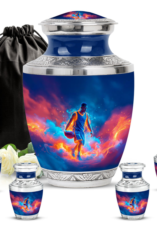 Calming Blue Basketball Cremation Urn lifestyle display on memorial shelf - artistic basketball interpretation with creative detail - memorial set with one large and four small urns