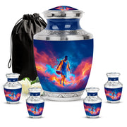 Calming Blue Basketball Cremation Urn lifestyle display on memorial shelf - artistic basketball interpretation with creative detail - memorial set with one large and four small urns