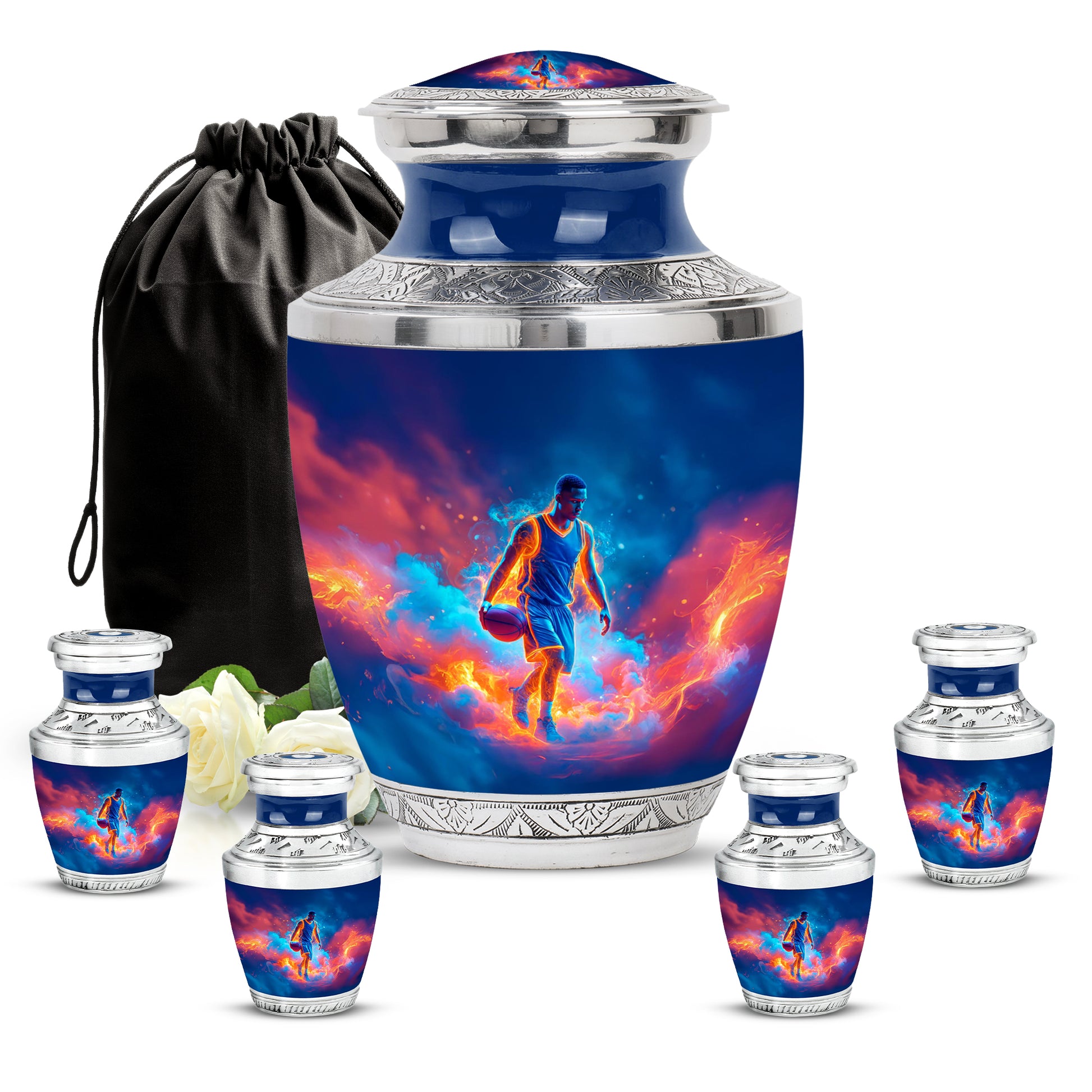 Calming Blue Basketball Cremation Urn lifestyle display on memorial shelf - artistic basketball interpretation with creative detail - memorial set with one large and four small urns