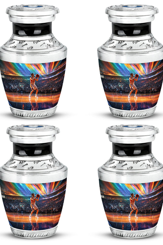 Bright Blue Basketball Cremation Urn back view with polished surface - stylized abstract basketball pattern with bold lines - 10 inch aluminum urn for cremated remains