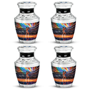 Bright Blue Basketball Cremation Urn back view with polished surface - stylized abstract basketball pattern with bold lines - 10 inch aluminum urn for cremated remains