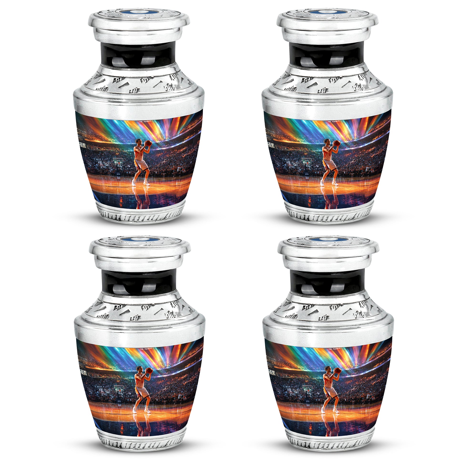 Bright Blue Basketball Cremation Urn back view with polished surface - stylized abstract basketball pattern with bold lines - 10 inch aluminum urn for cremated remains