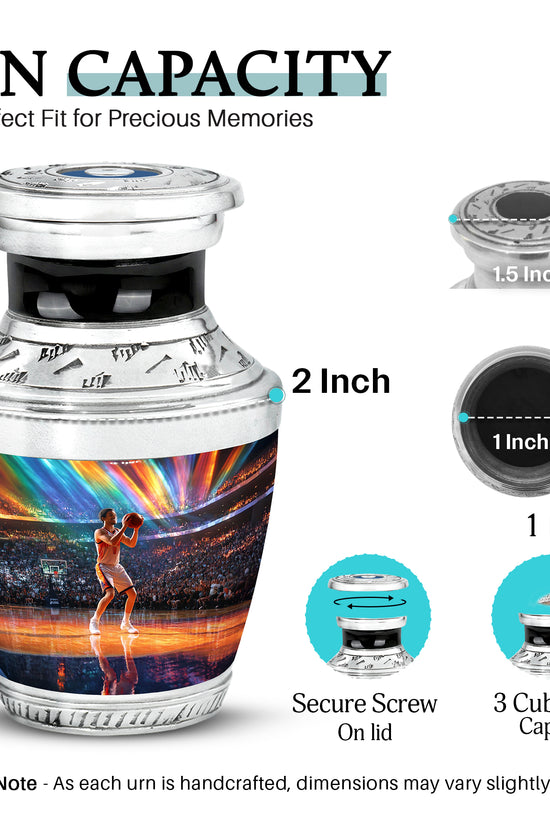 Twilight Blue Basketball Cremation Urn top-down view of secure threaded lid - artistic basketball interpretation with creative detail - mini keepsake memorial for portion of cremation ashes