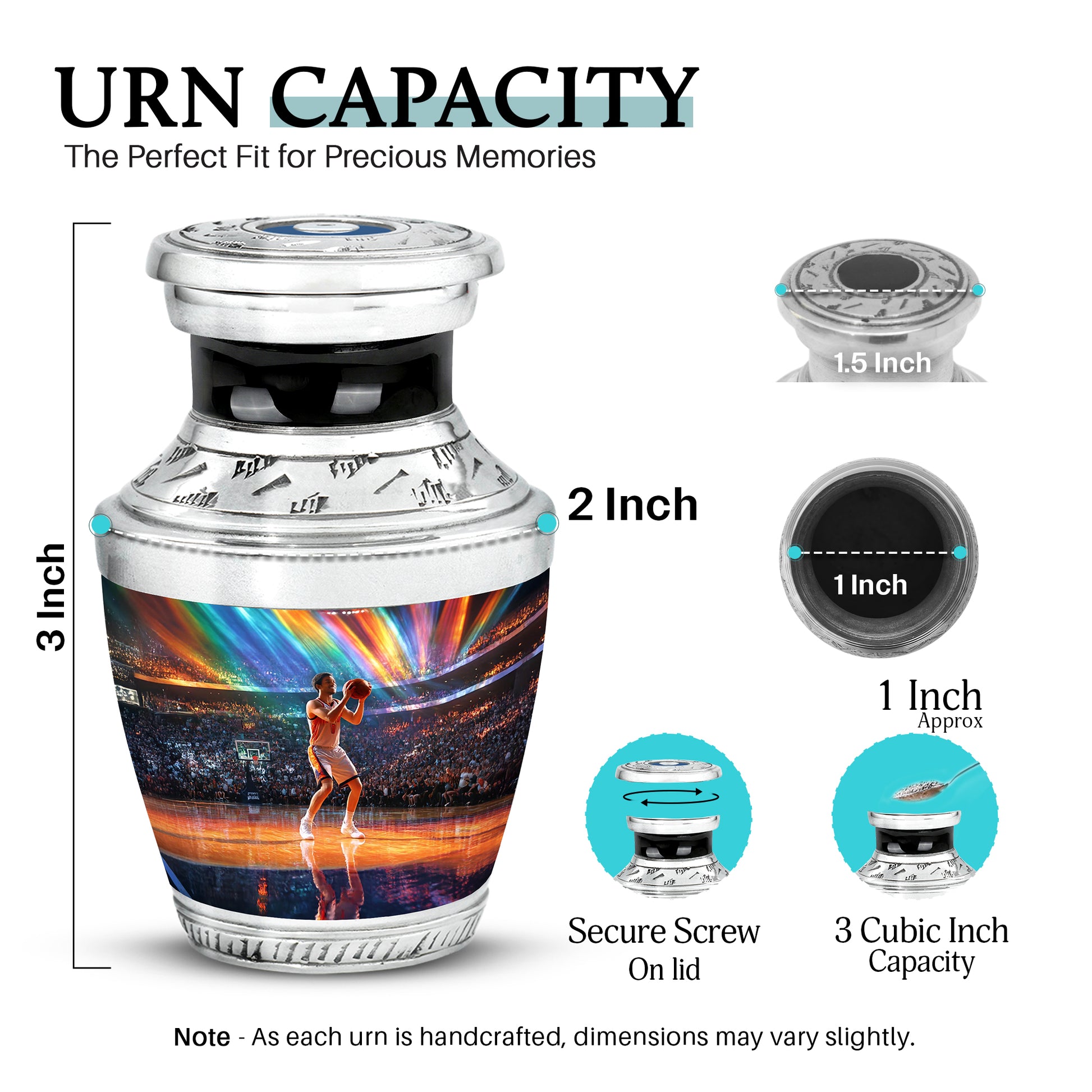Twilight Blue Basketball Cremation Urn top-down view of secure threaded lid - artistic basketball interpretation with creative detail - mini keepsake memorial for portion of cremation ashes