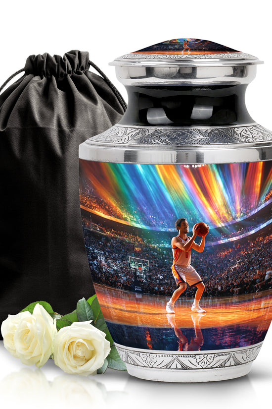 Sky Blue Basketball Cremation Urn side profile showing urn shape - contemporary basketball design with modern artistic flair - full-size 10 inch 200 cubic inch adult cremation urn