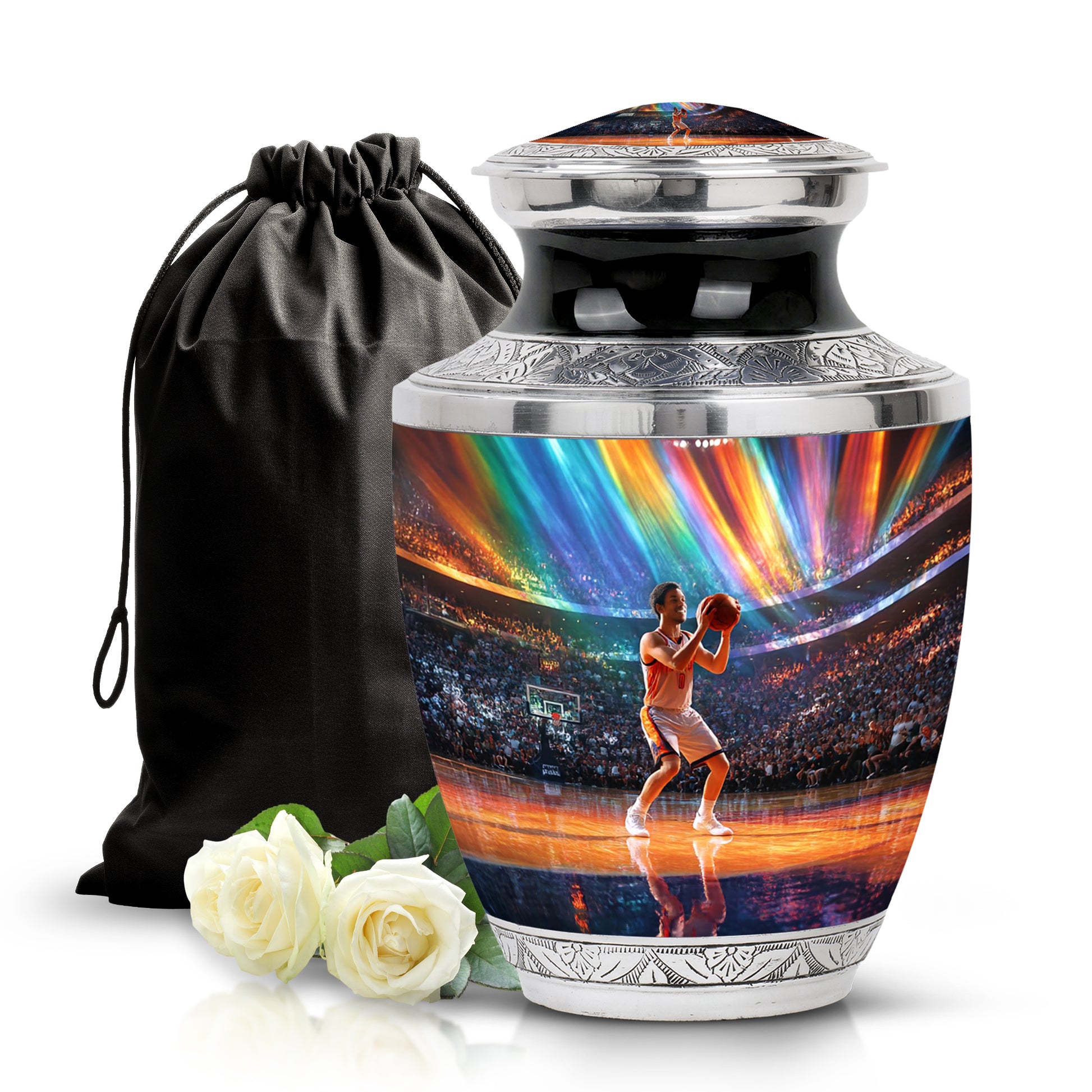 Sky Blue Basketball Cremation Urn side profile showing urn shape - contemporary basketball design with modern artistic flair - full-size 10 inch 200 cubic inch adult cremation urn
