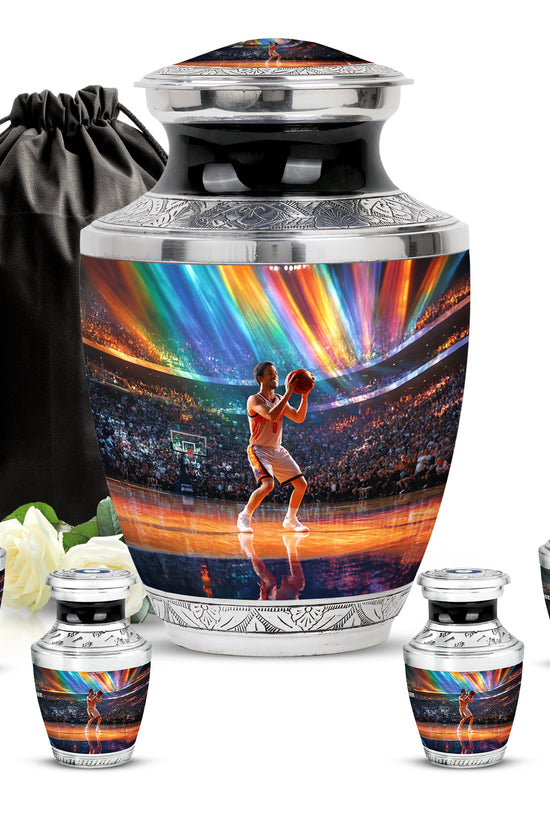 Misty Blue Basketball Cremation Urn lifestyle display on memorial shelf - contemporary basketball design with modern artistic flair - memorial set with one large and four small urns