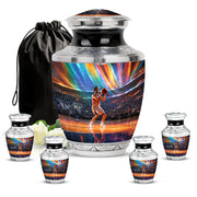 Misty Blue Basketball Cremation Urn lifestyle display on memorial shelf - contemporary basketball design with modern artistic flair - memorial set with one large and four small urns
