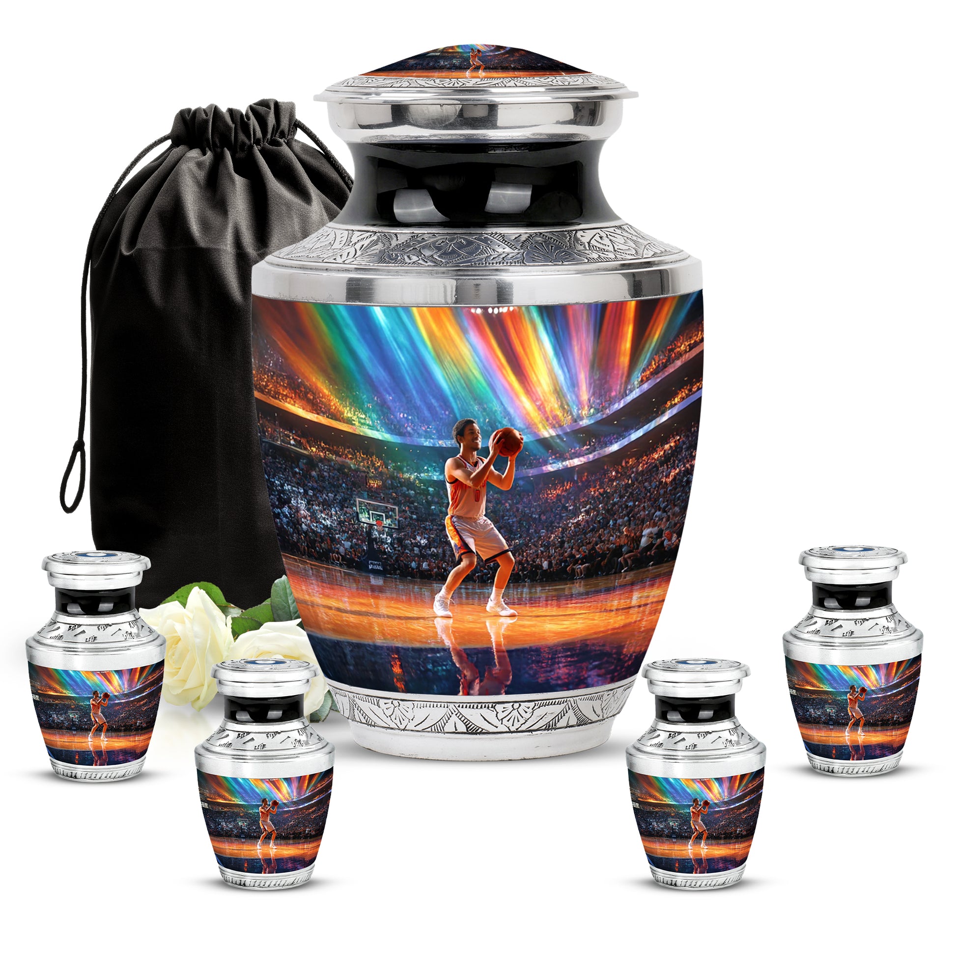 Misty Blue Basketball Cremation Urn lifestyle display on memorial shelf - contemporary basketball design with modern artistic flair - memorial set with one large and four small urns