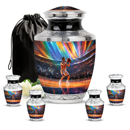 Misty Blue Basketball Cremation Urn lifestyle display on memorial shelf - contemporary basketball design with modern artistic flair - memorial set with one large and four small urns