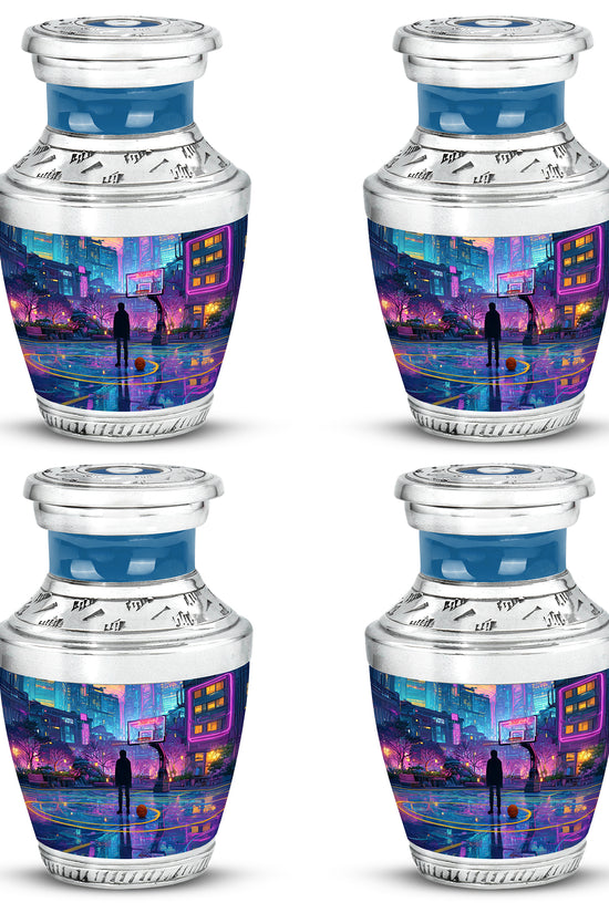 Vivid Blue Basketball Cremation Urn back view with polished surface - stylized abstract basketball pattern with bold lines - 10 inch aluminum urn for cremated remains