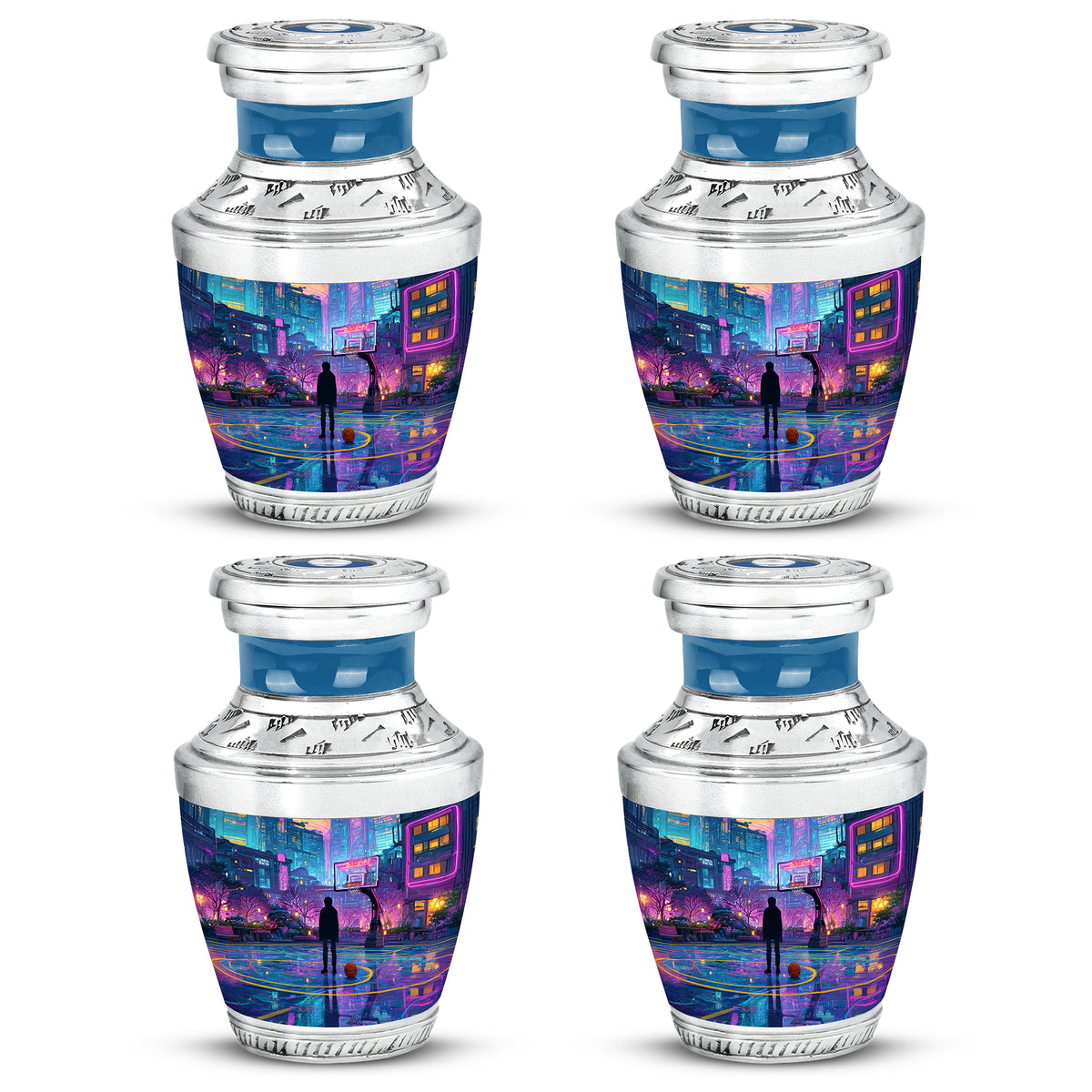 Vivid Blue Basketball Cremation Urn back view with polished surface - stylized abstract basketball pattern with bold lines - 10 inch aluminum urn for cremated remains