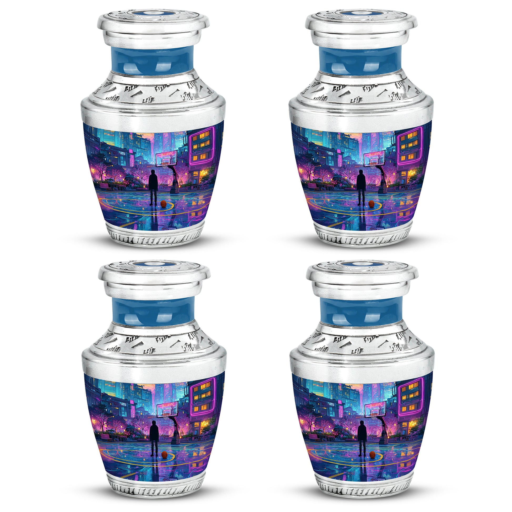 Vivid Blue Basketball Cremation Urn back view with polished surface - stylized abstract basketball pattern with bold lines - 10 inch aluminum urn for cremated remains