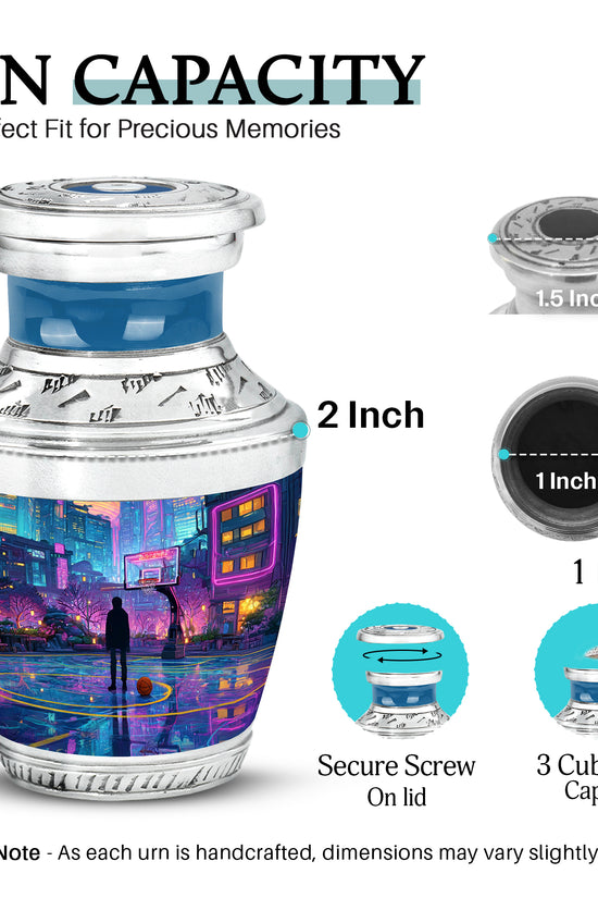 Navy Blue Basketball Cremation Urn top-down view of secure threaded lid - contemporary basketball design with modern artistic flair - mini keepsake memorial for portion of cremation ashes