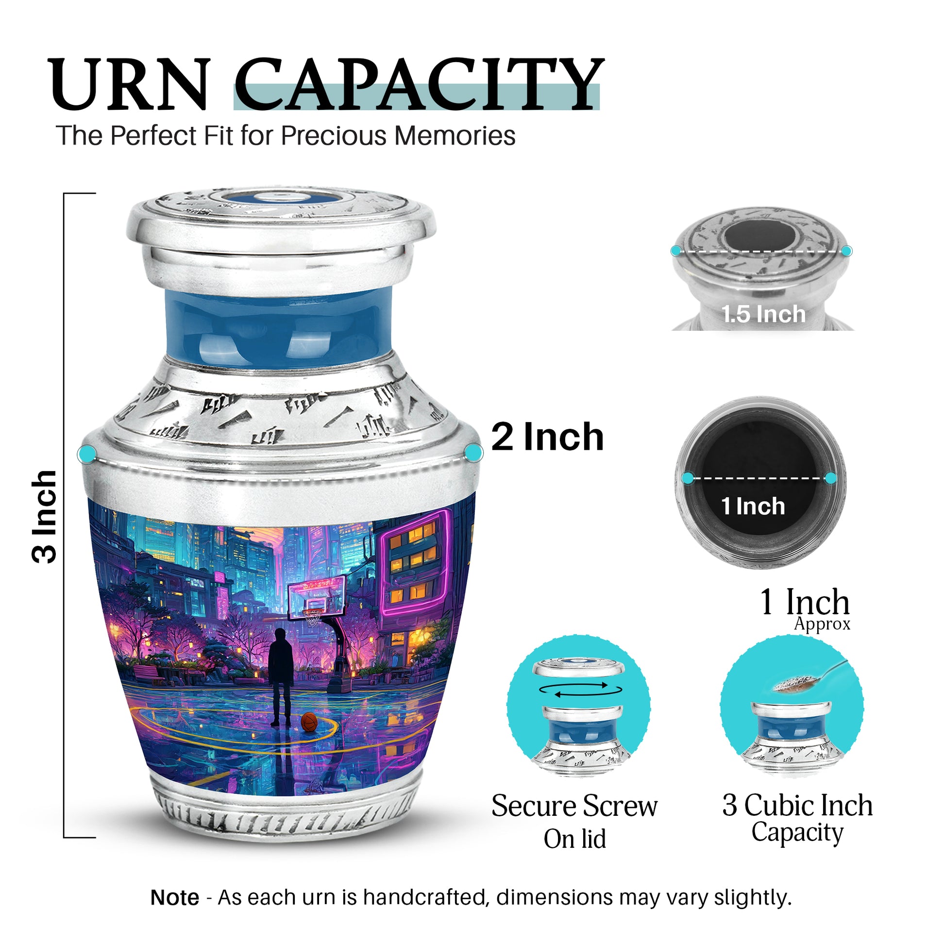 Navy Blue Basketball Cremation Urn top-down view of secure threaded lid - contemporary basketball design with modern artistic flair - mini keepsake memorial for portion of cremation ashes