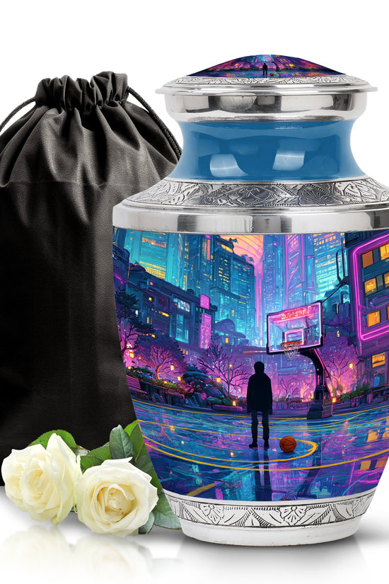 Bright Blue Basketball Cremation Urn side profile showing urn shape - stylized abstract basketball pattern with bold lines - full-size 10 inch 200 cubic inch adult cremation urn