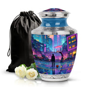 Bright Blue Basketball Cremation Urn side profile showing urn shape - stylized abstract basketball pattern with bold lines - full-size 10 inch 200 cubic inch adult cremation urn