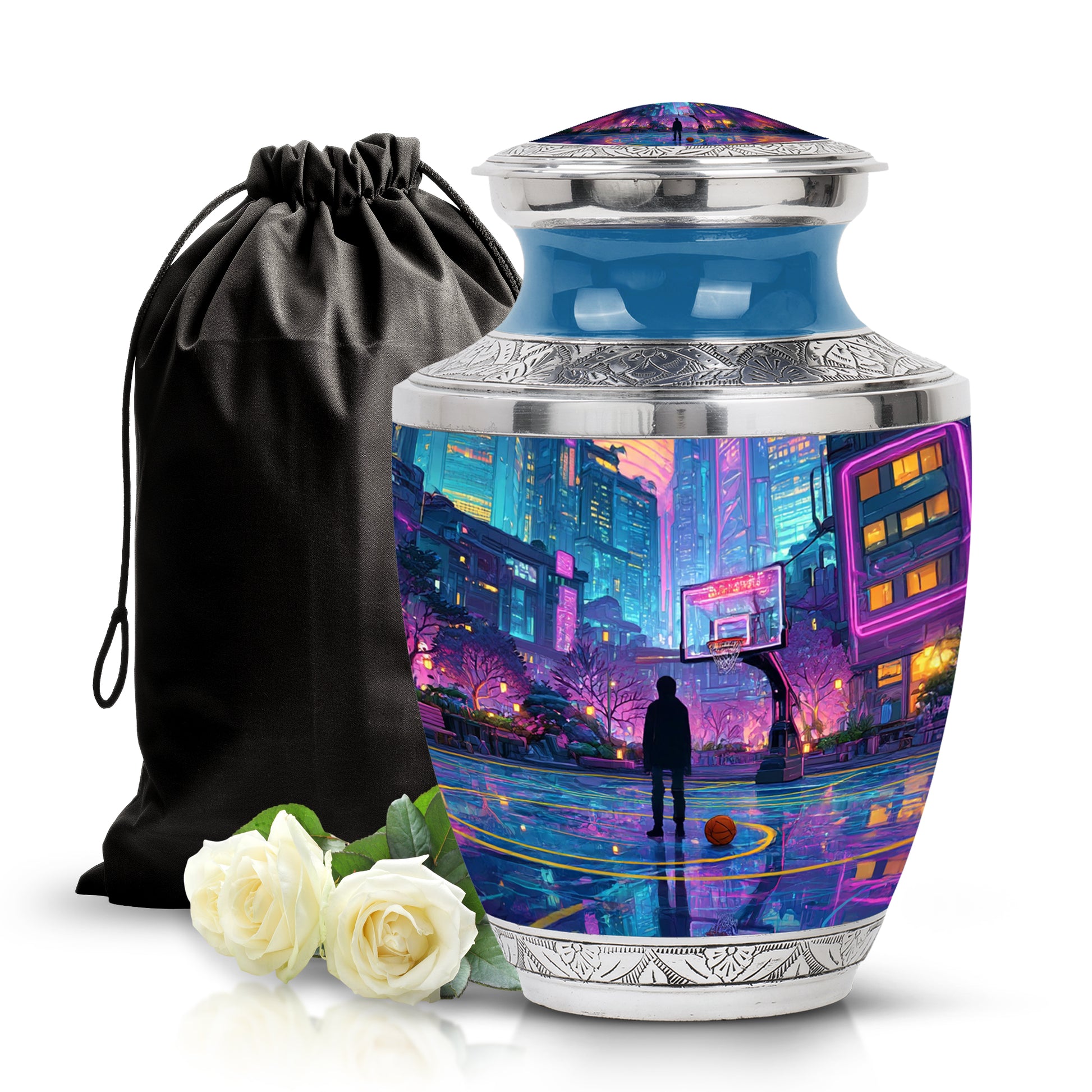 Bright Blue Basketball Cremation Urn side profile showing urn shape - stylized abstract basketball pattern with bold lines - full-size 10 inch 200 cubic inch adult cremation urn