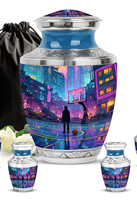 Indigo Basketball Cremation Urn lifestyle display on memorial shelf - modern art-inspired basketball motif on sleek aluminum - memorial set with one large and four small urns
