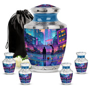 Indigo Basketball Cremation Urn lifestyle display on memorial shelf - modern art-inspired basketball motif on sleek aluminum - memorial set with one large and four small urns