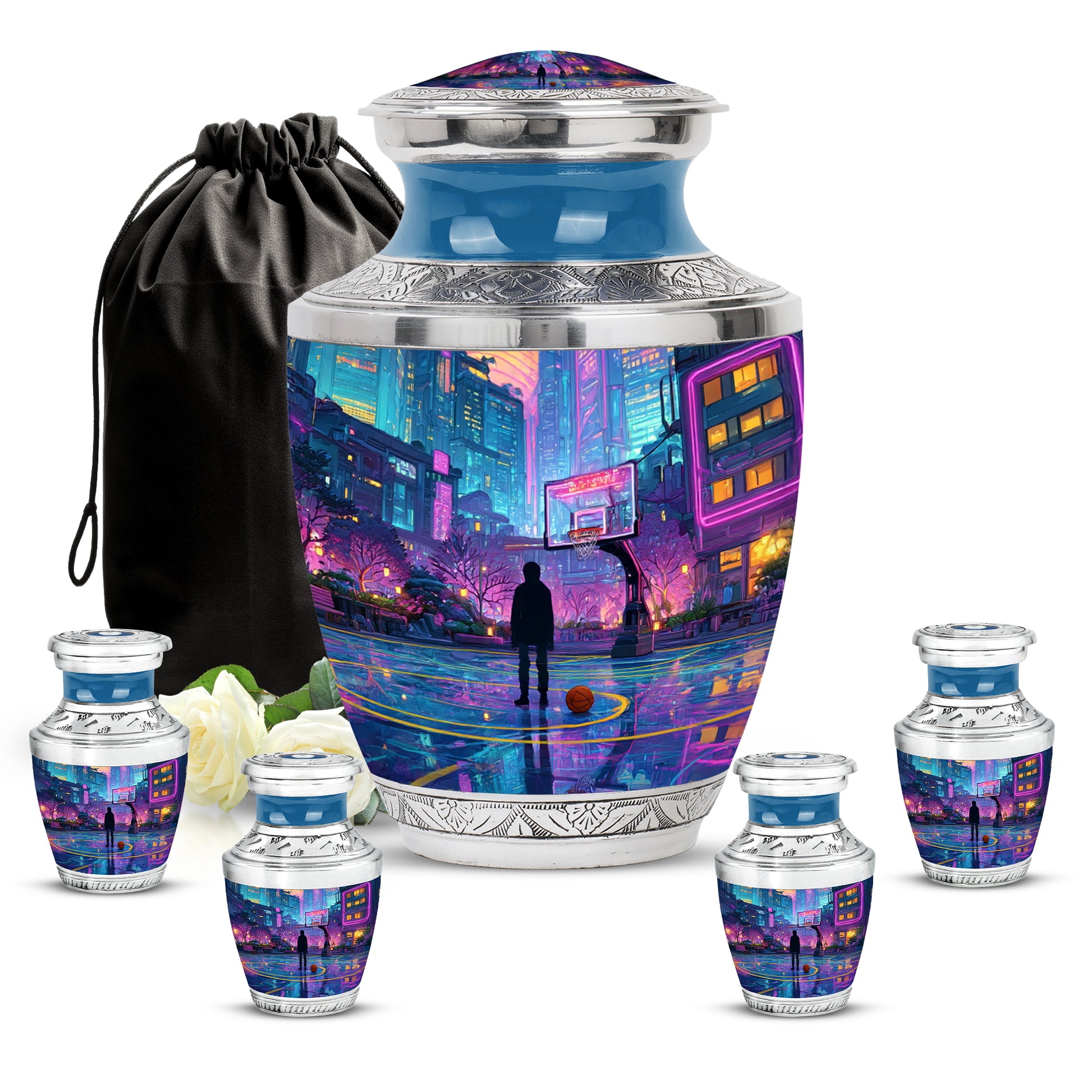 Indigo Basketball Cremation Urn lifestyle display on memorial shelf - modern art-inspired basketball motif on sleek aluminum - memorial set with one large and four small urns