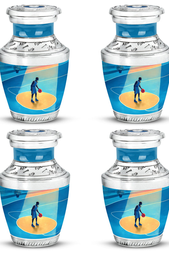 Indigo Basketball Cremation Urn back view with polished surface - contemporary basketball design with modern artistic flair - 10 inch aluminum urn for cremated remains