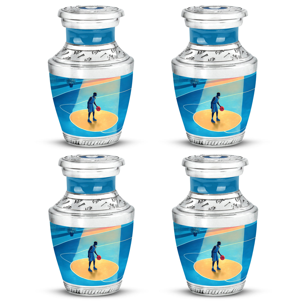 Indigo Basketball Cremation Urn back view with polished surface - contemporary basketball design with modern artistic flair - 10 inch aluminum urn for cremated remains