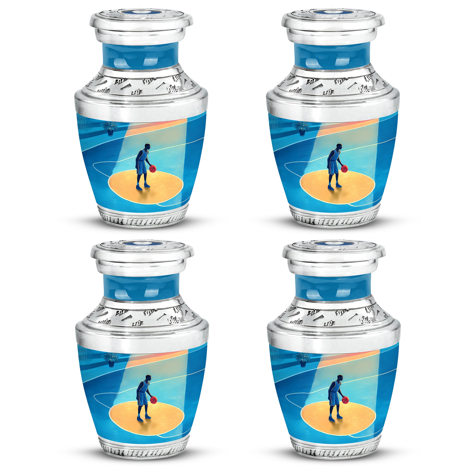 Indigo Basketball Cremation Urn back view with polished surface - contemporary basketball design with modern artistic flair - 10 inch aluminum urn for cremated remains