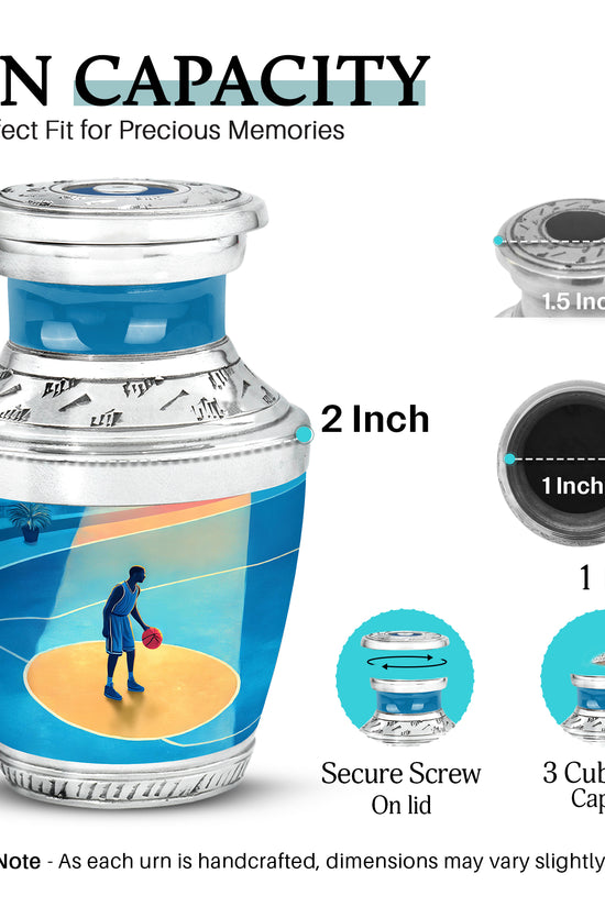 Serene Blue Basketball Cremation Urn top-down view of secure threaded lid - stylized abstract basketball pattern with bold lines - mini keepsake memorial for portion of cremation ashes