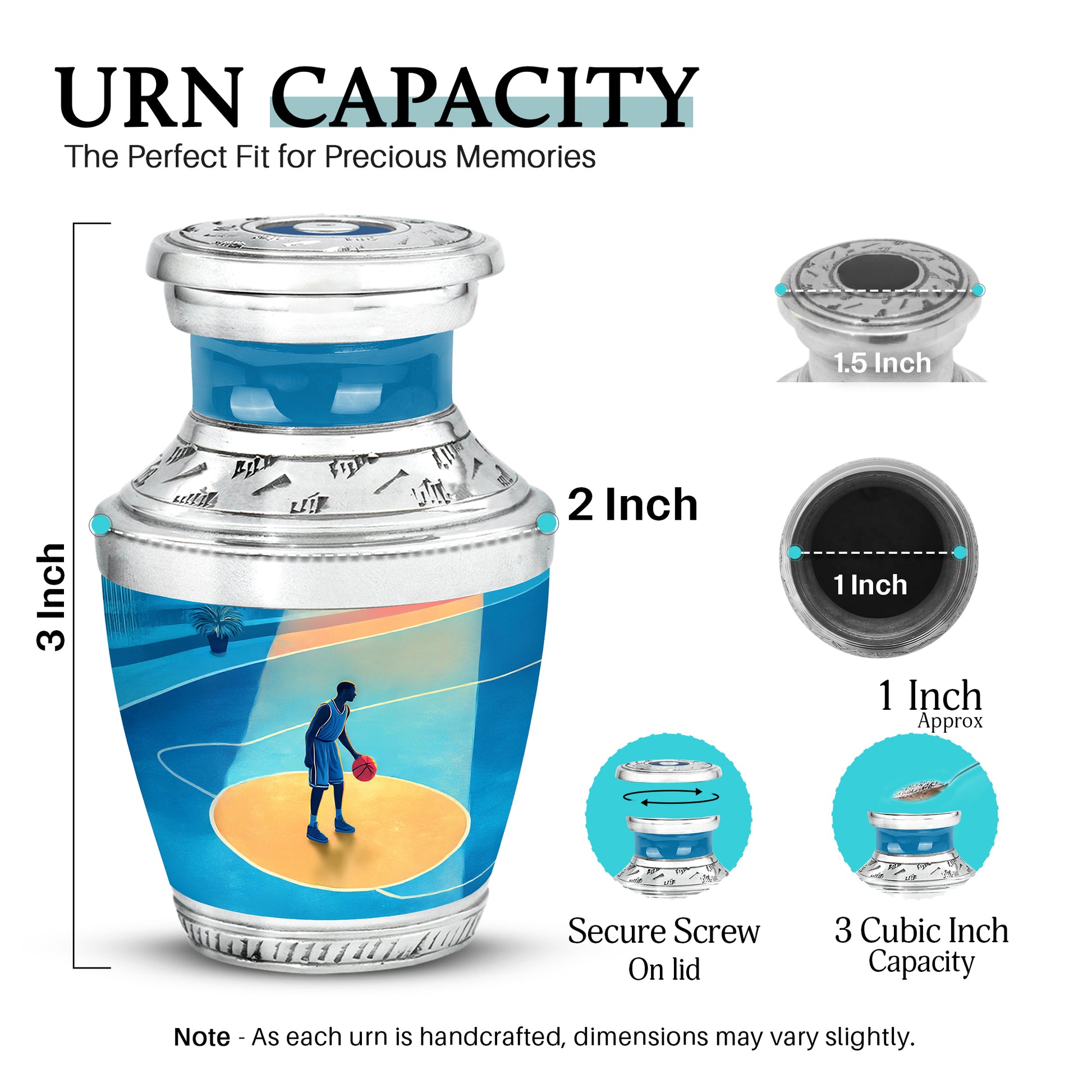 Serene Blue Basketball Cremation Urn top-down view of secure threaded lid - stylized abstract basketball pattern with bold lines - mini keepsake memorial for portion of cremation ashes