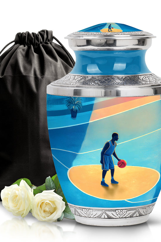 Royal Blue Basketball Cremation Urn side profile showing urn shape - artistic basketball interpretation with creative detail - full-size 10 inch 200 cubic inch adult cremation urn