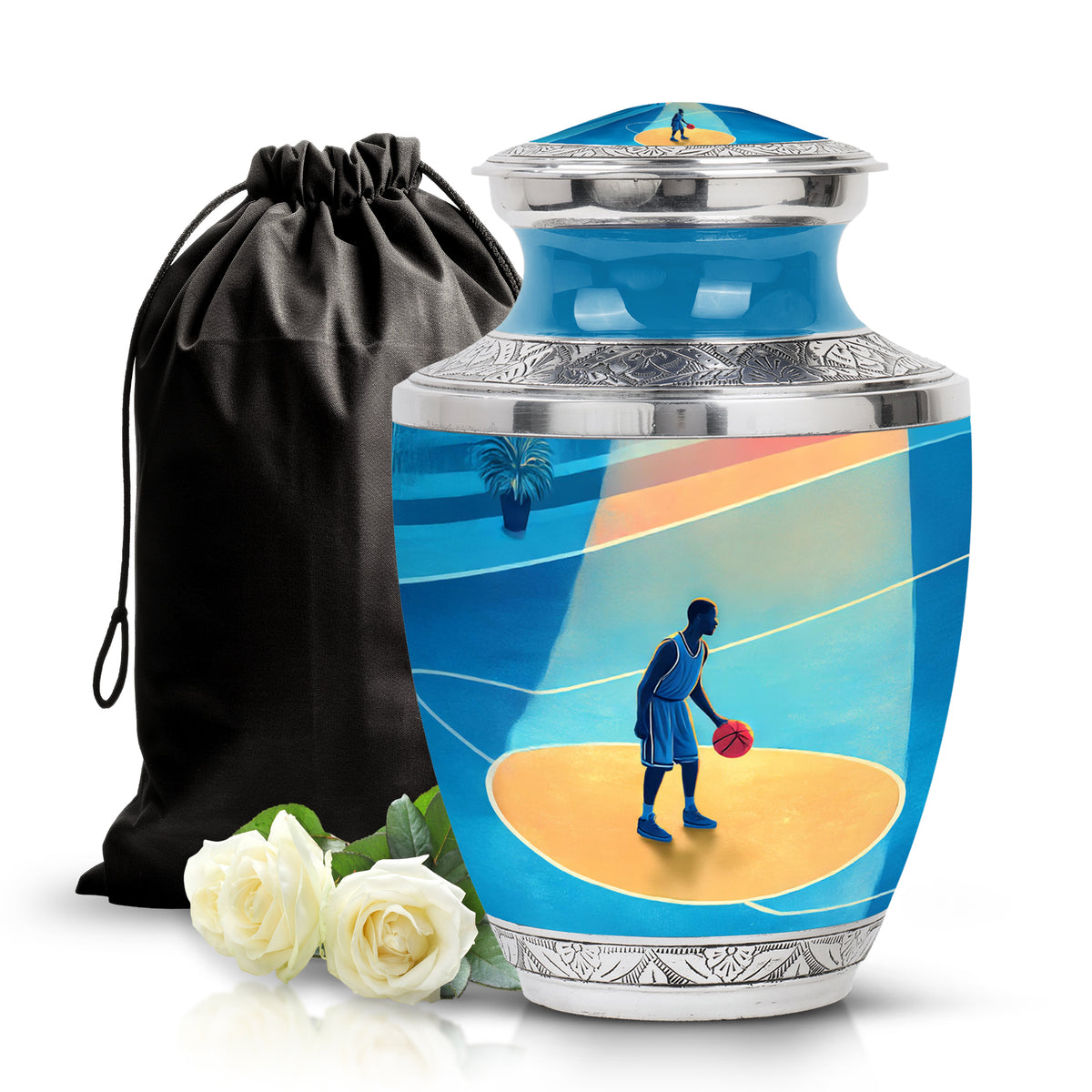 Royal Blue Basketball Cremation Urn side profile showing urn shape - artistic basketball interpretation with creative detail - full-size 10 inch 200 cubic inch adult cremation urn