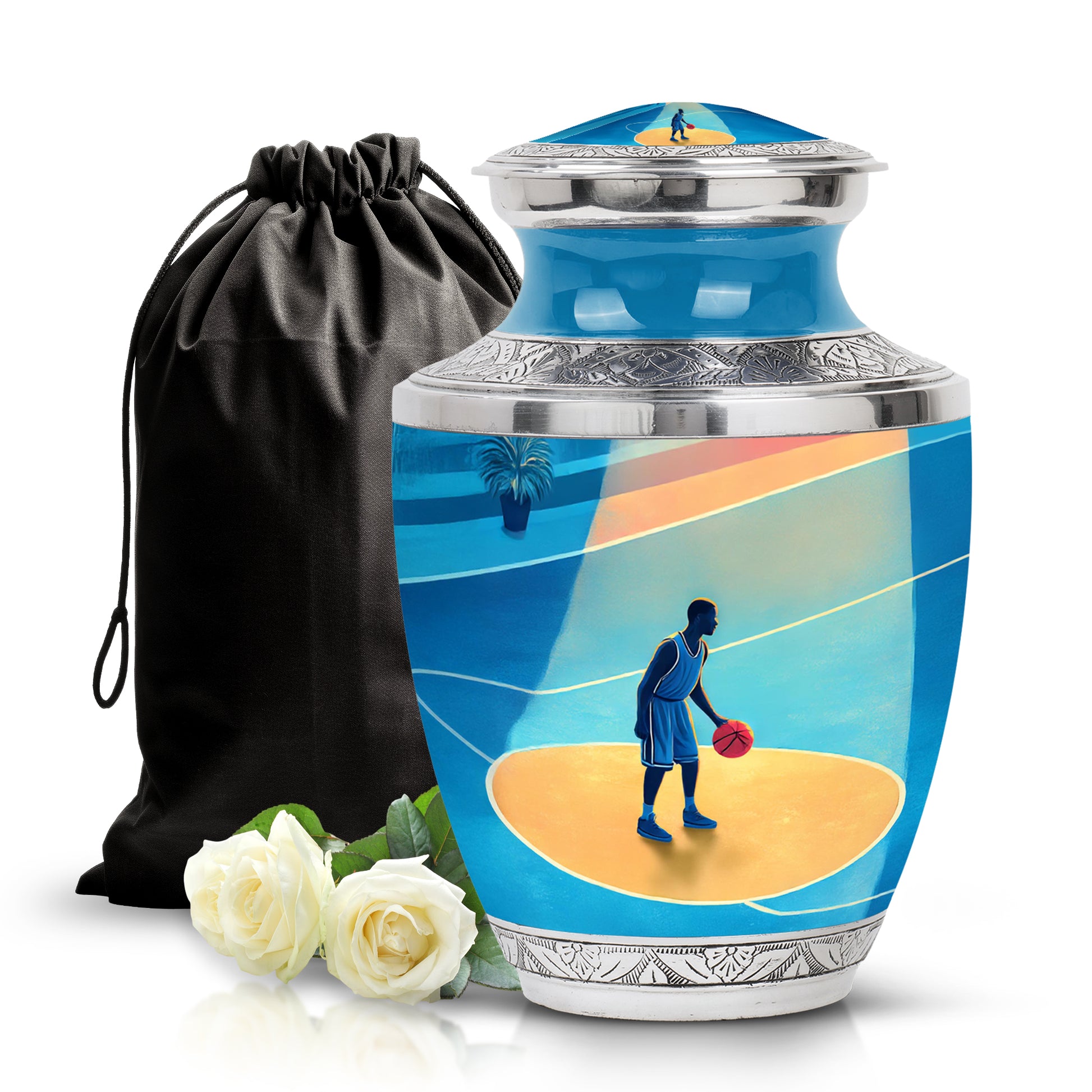 Royal Blue Basketball Cremation Urn side profile showing urn shape - artistic basketball interpretation with creative detail - full-size 10 inch 200 cubic inch adult cremation urn