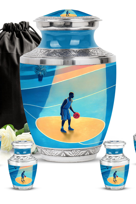 Navy Blue Basketball Cremation Urn lifestyle display on memorial shelf - modern art-inspired basketball motif on sleek aluminum - memorial set with one large and four small urns