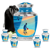Navy Blue Basketball Cremation Urn lifestyle display on memorial shelf - modern art-inspired basketball motif on sleek aluminum - memorial set with one large and four small urns