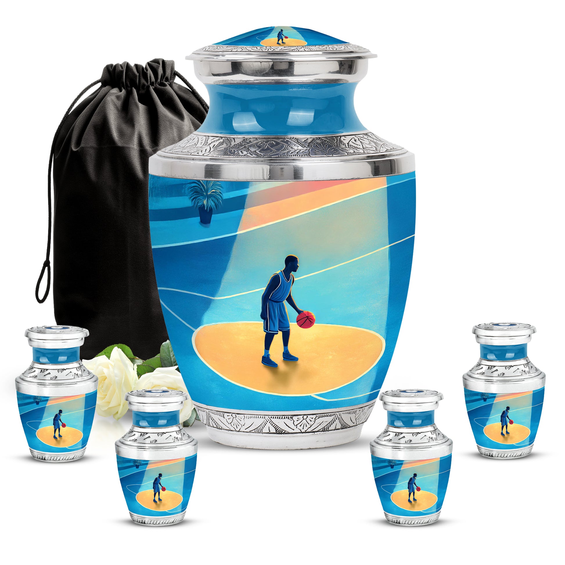 Navy Blue Basketball Cremation Urn lifestyle display on memorial shelf - modern art-inspired basketball motif on sleek aluminum - memorial set with one large and four small urns