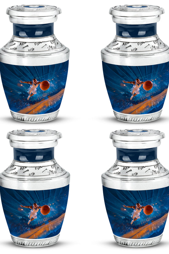 Twilight Blue Basketball Cremation Urn back view with polished surface - stylized abstract basketball pattern with bold lines - 10 inch aluminum urn for cremated remains