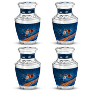 Twilight Blue Basketball Cremation Urn back view with polished surface - stylized abstract basketball pattern with bold lines - 10 inch aluminum urn for cremated remains