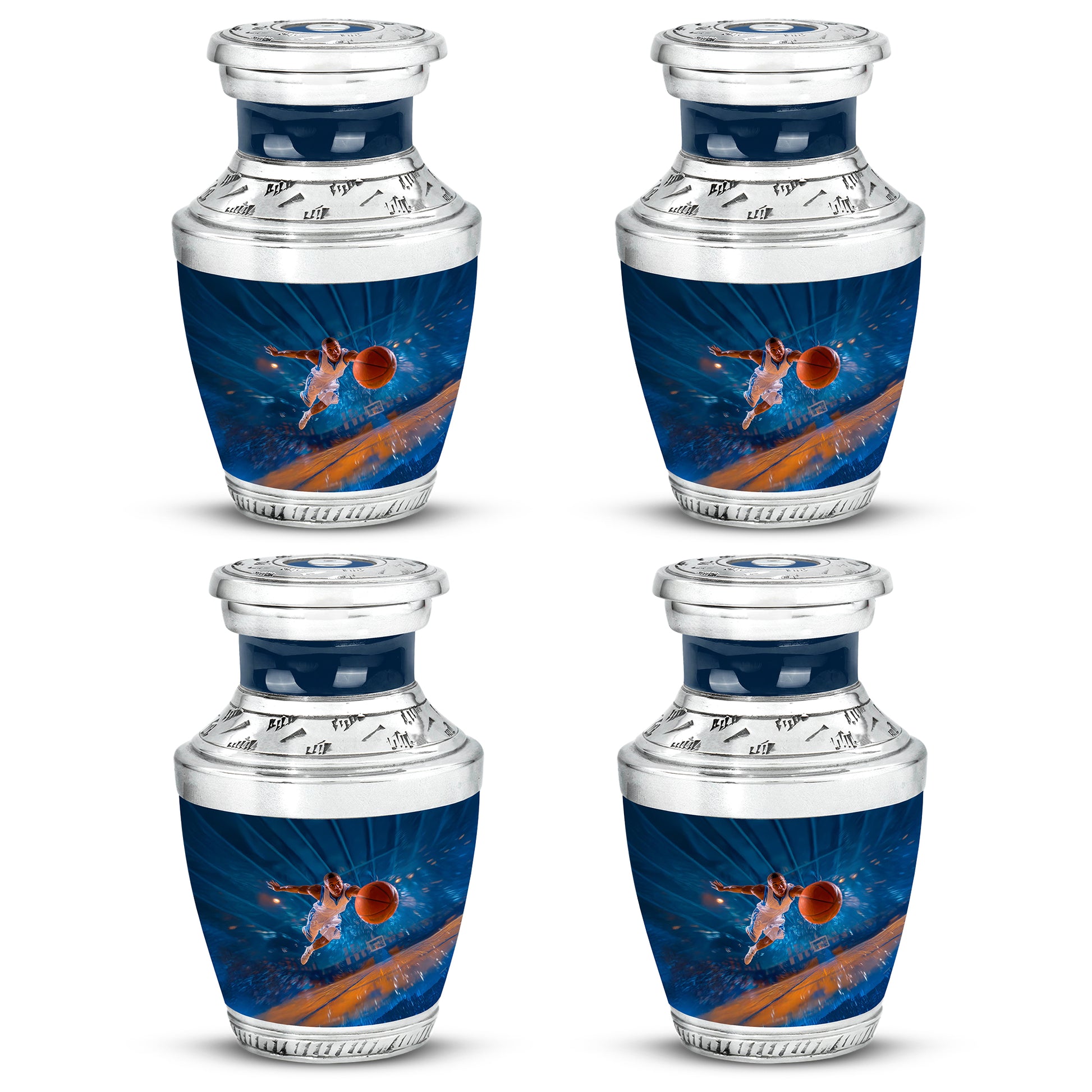 Twilight Blue Basketball Cremation Urn back view with polished surface - stylized abstract basketball pattern with bold lines - 10 inch aluminum urn for cremated remains