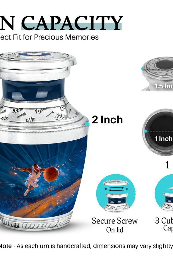 Sapphire Blue Basketball Cremation Urn top-down view of secure threaded lid - stylized abstract basketball pattern with bold lines - mini keepsake memorial for portion of cremation ashes