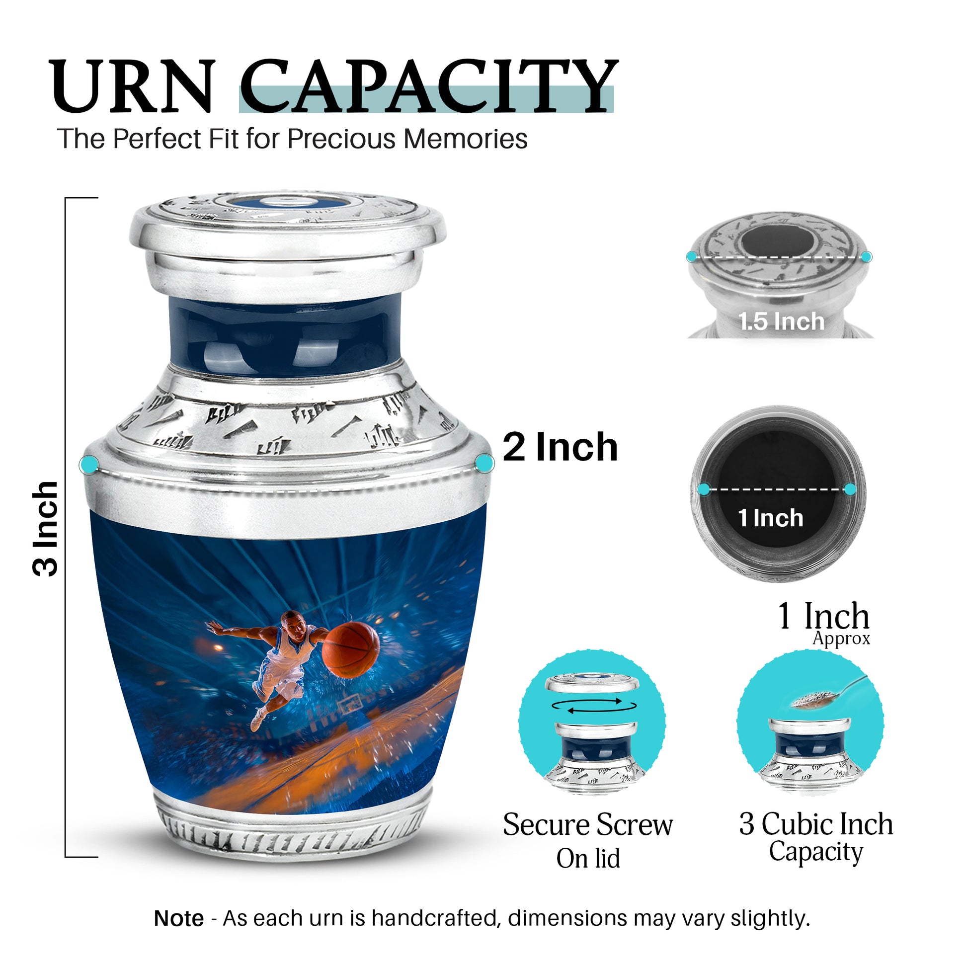 Sapphire Blue Basketball Cremation Urn top-down view of secure threaded lid - stylized abstract basketball pattern with bold lines - mini keepsake memorial for portion of cremation ashes