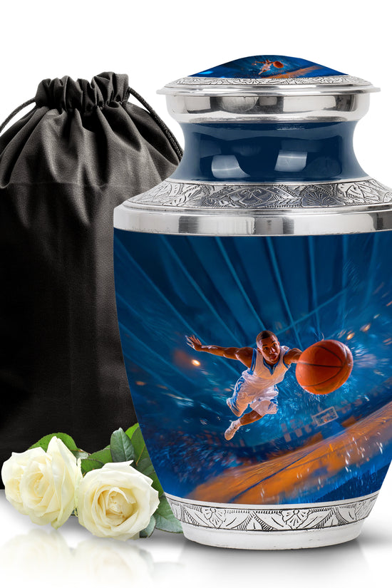 Indigo Basketball Cremation Urn side profile showing urn shape - modern art-inspired basketball motif on sleek aluminum - full-size 10 inch 200 cubic inch adult cremation urn