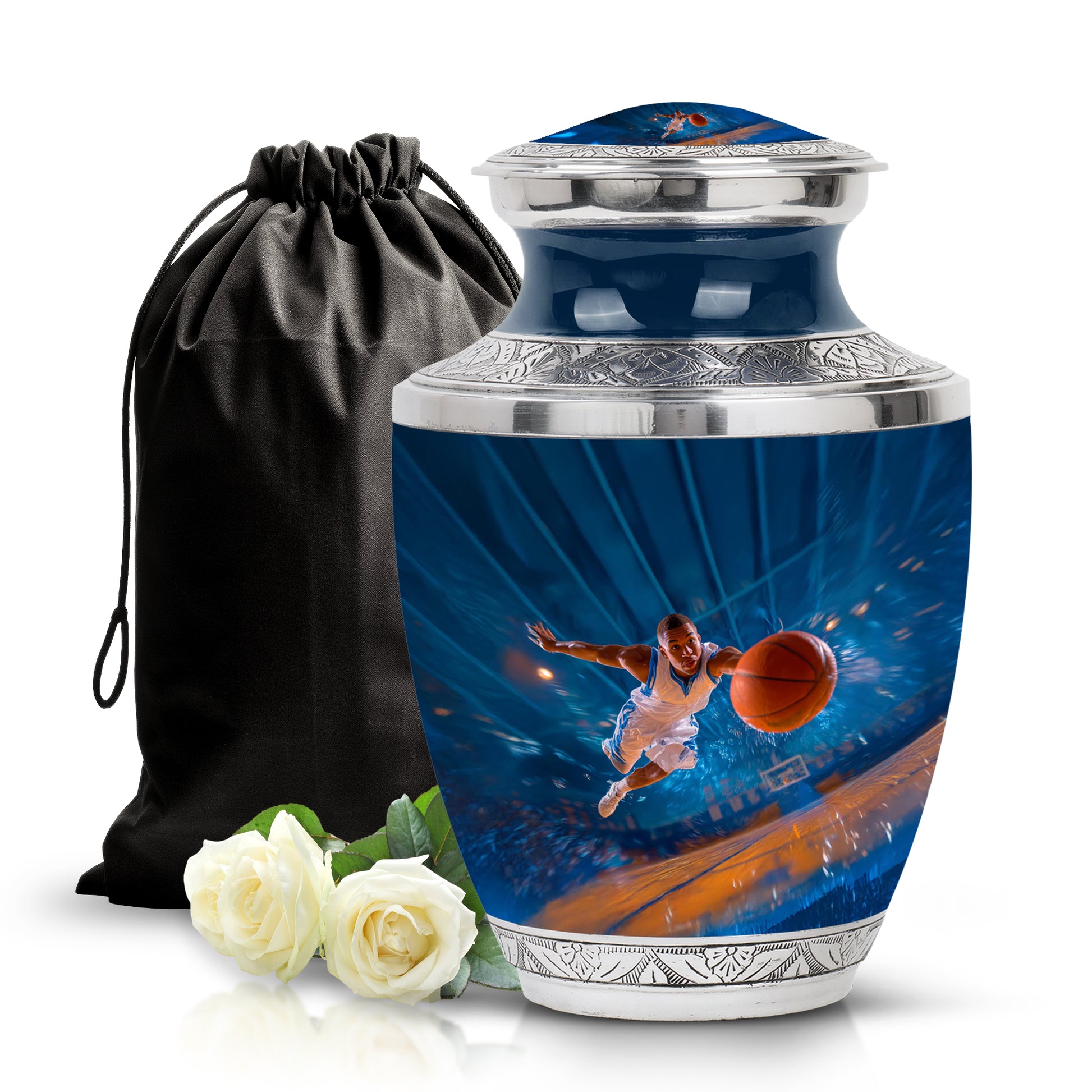 Indigo Basketball Cremation Urn side profile showing urn shape - modern art-inspired basketball motif on sleek aluminum - full-size 10 inch 200 cubic inch adult cremation urn