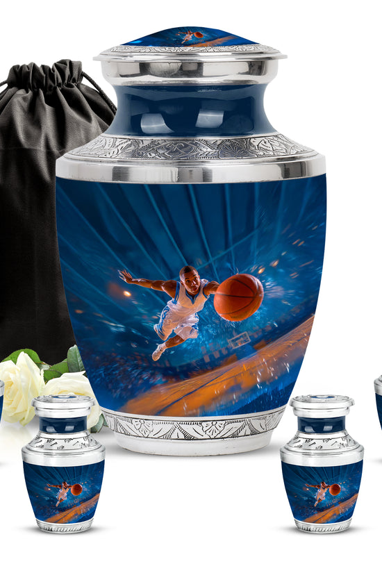 Powder Blue Basketball Cremation Urn lifestyle display on memorial shelf - modern art-inspired basketball motif on sleek aluminum - memorial set with one large and four small urns
