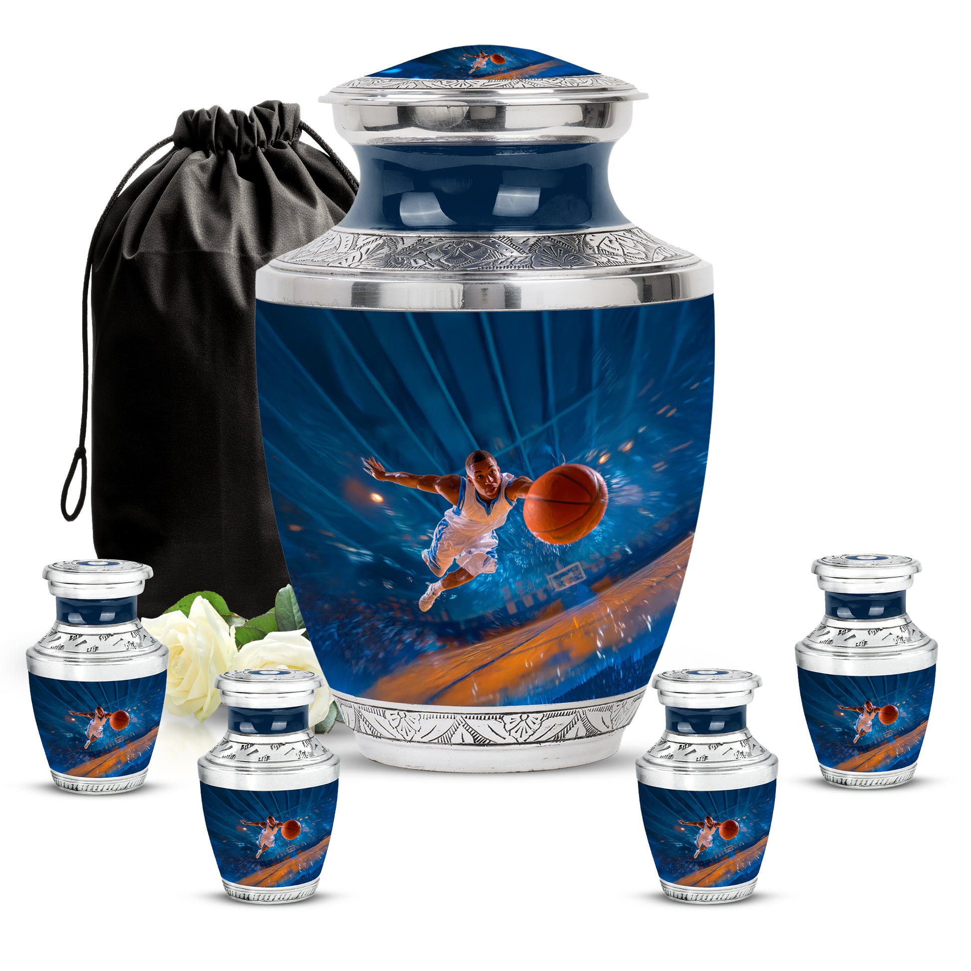 Powder Blue Basketball Cremation Urn lifestyle display on memorial shelf - modern art-inspired basketball motif on sleek aluminum - memorial set with one large and four small urns