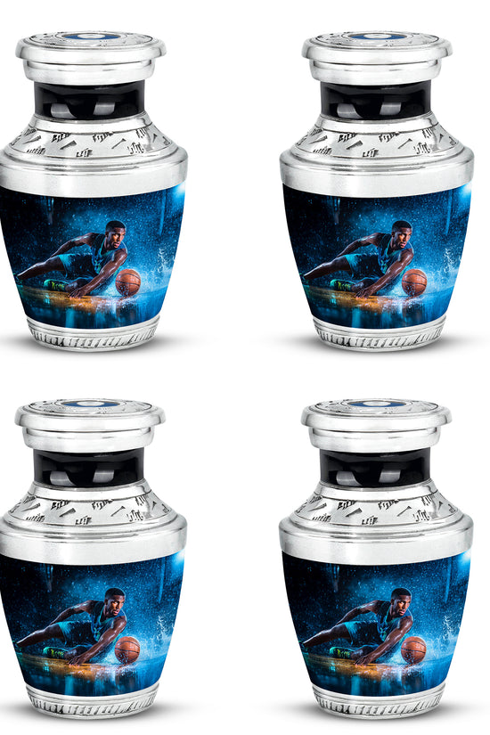 Rich Black Basketball Cremation Urn back view with polished surface - modern art-inspired basketball motif on sleek aluminum - 10 inch aluminum urn for cremated remains