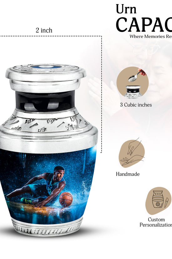Rich Black Basketball Cremation Urn top-down view of secure threaded lid - modern art-inspired basketball motif on sleek aluminum - mini keepsake memorial for portion of cremation ashes